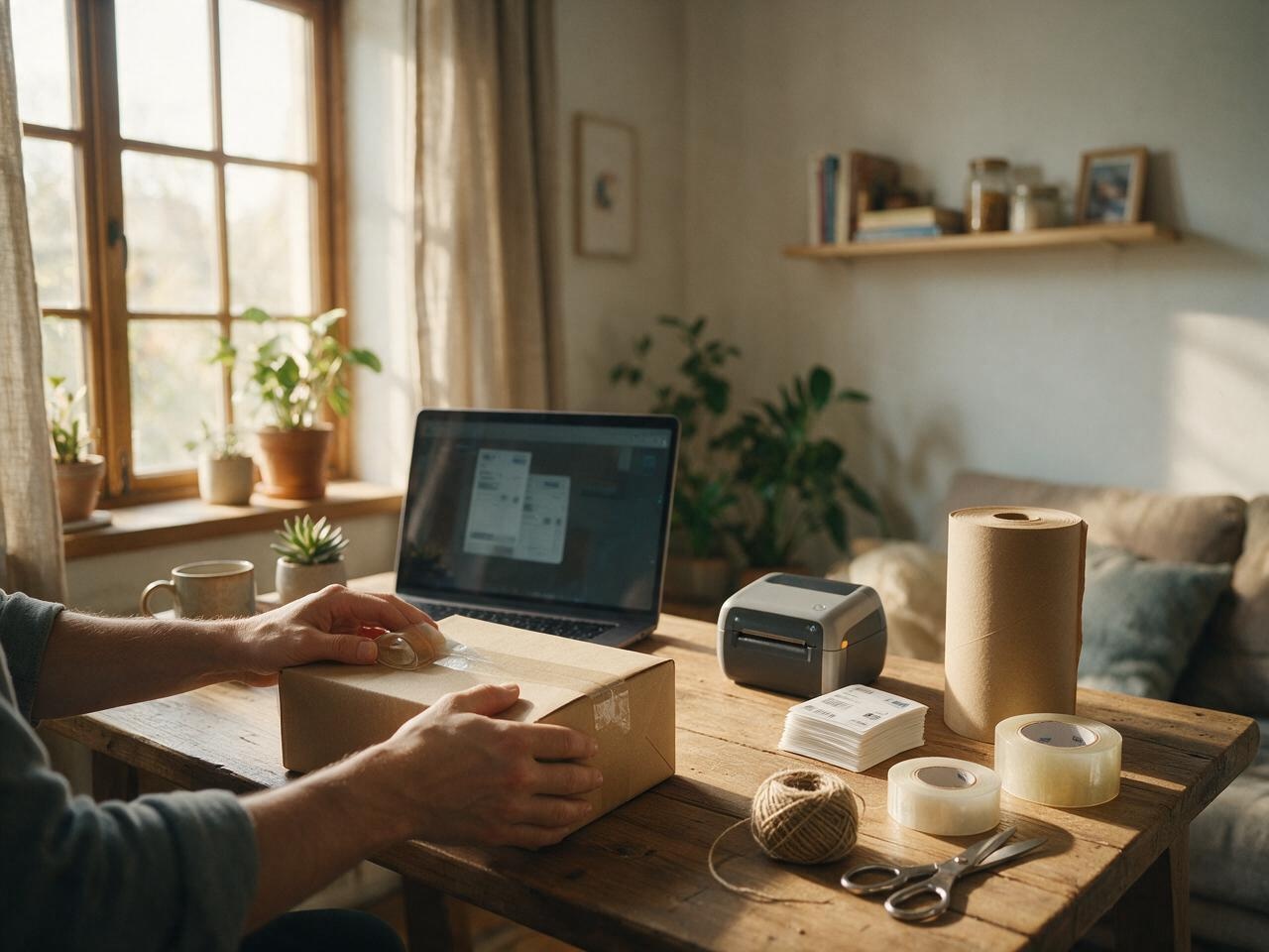 E-commerce merchant packing parcels for shipment