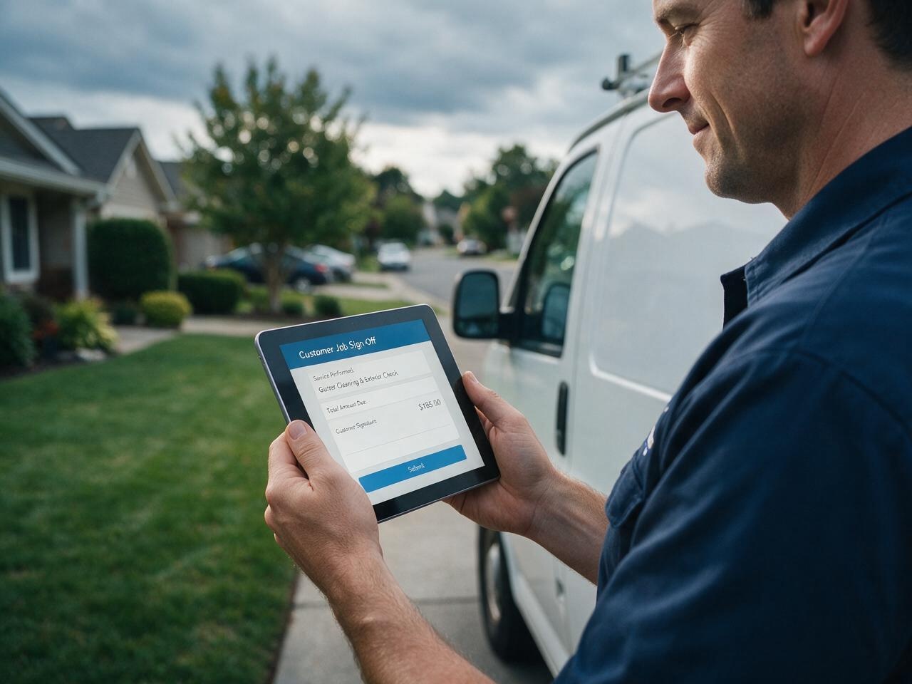 Contractor with tablet at a residential job site