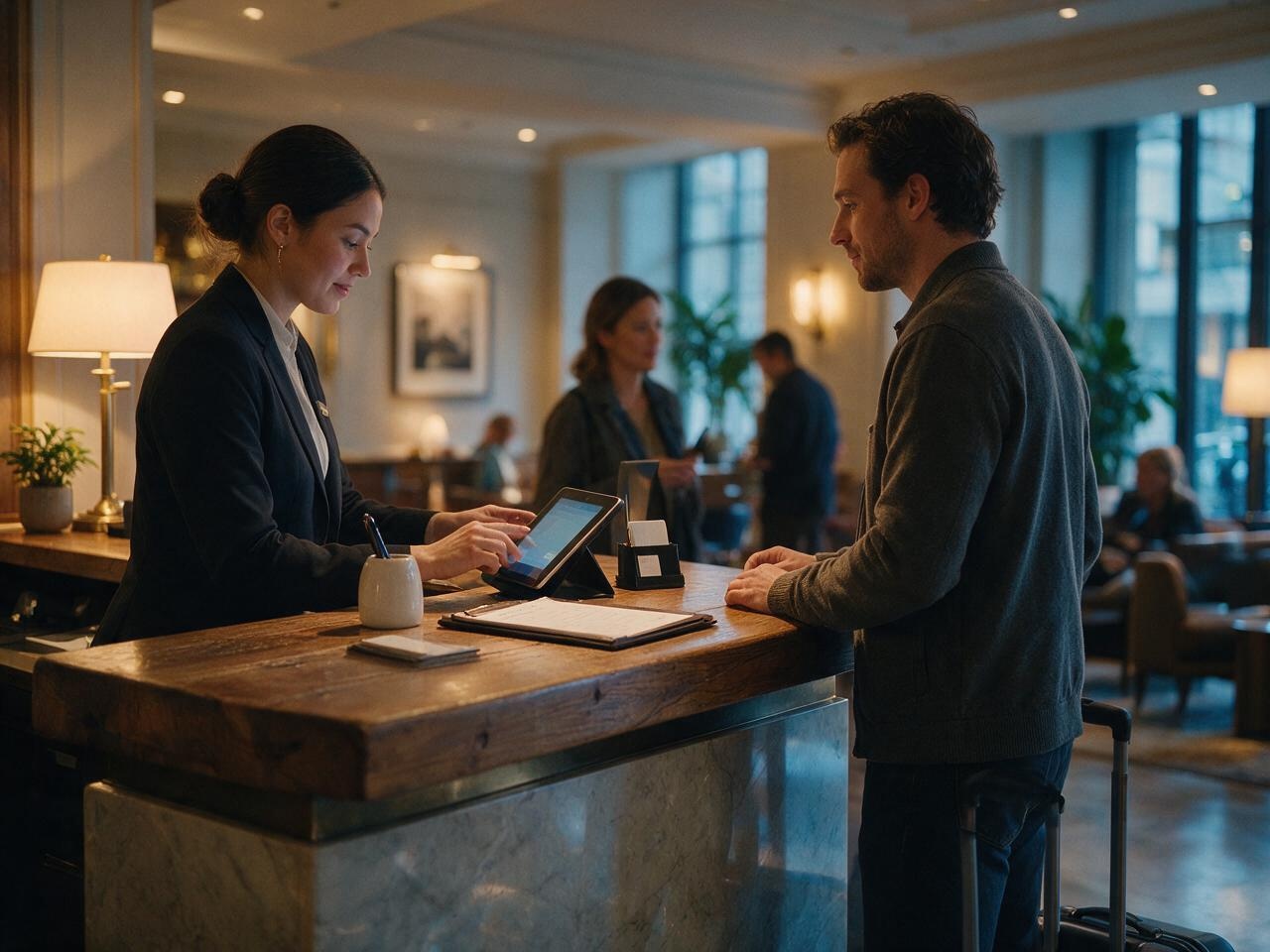 Modern hotel front desk check-in